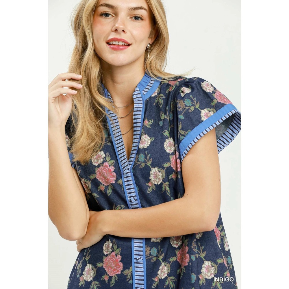 Umgee Floral Contrast Trim Ruffle Hem Mini Dress - Indigo - Medium - Picture 6 of 6